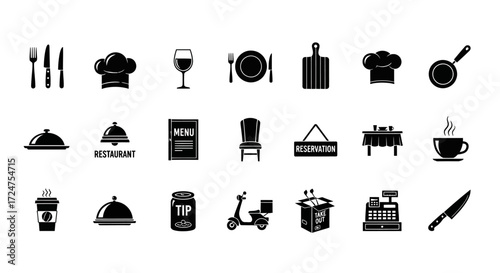 Dining and Restaurant Elements Icon Set for Food Service Industry Menus