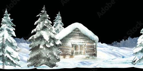 Watercolor Winter landscape cabin with snowy pine tree seamless border. Rustic wooden house, winter chalet a snow covered roof Hand drawn pattern illustration isolated dark background for Xmas design.