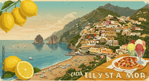 Captivating Italian Coastline Illustration with Lemons, Pizza, and Gelato Delights
