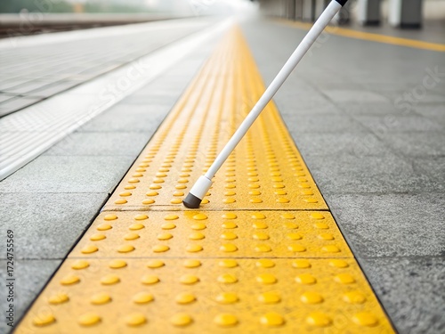 Tactile paving and white cane at a train station platform