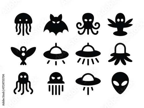 Set of 12 sci-fi and creature silhouette vector icons for graphic design and web use vector