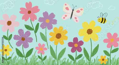 Delightful spring garden illustration with whimsical flowers and playful insects