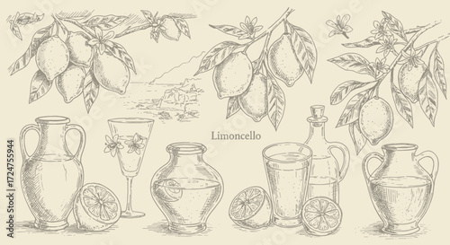 Hand Drawn Limoncello Still Life with Lemon Branches and Italian Coastline