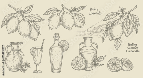 Hand-drawn sketches of lemons, limonado, limoncello and an italian seascape