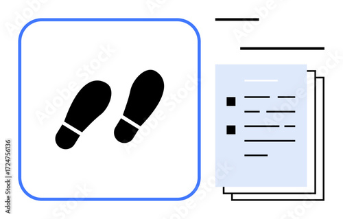 Footprints beside stacked documents in a framed layout. Ideal for workflow, step-by-step guides, organization, task delegation, progress tracking, planning, process documentation, simple flat