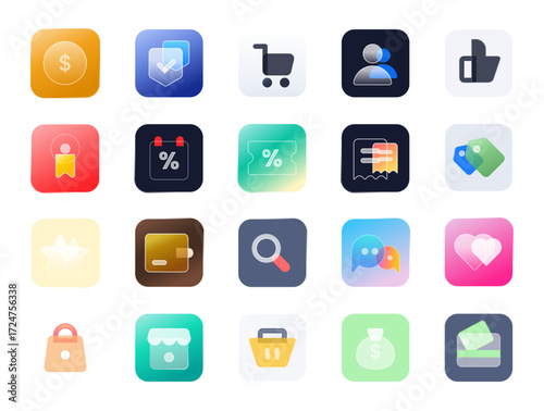 E Commerce icon set liquid glass style. Perfect for fintech UI, apps, or websites.