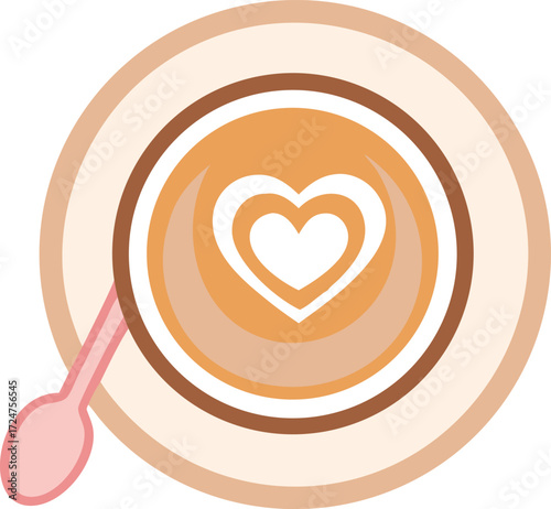 Coffee cup with latte art heart and pink spoon on white background vector