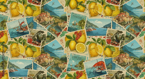 Vintage Positano collage featuring lemons and coastal Italian travel postcards design