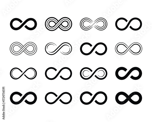 Collection of 16 diverse black infinity symbol vector graphics for scalable design projects vector