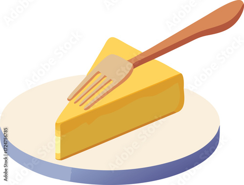 Isometric slice of yellow cheesecake with fork on white plate dessert food