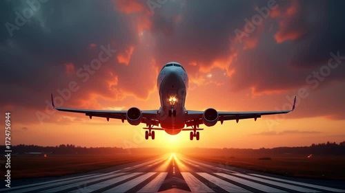 Amazing airplane taking off at sunset with dramatic colorful clouds and runway perspective