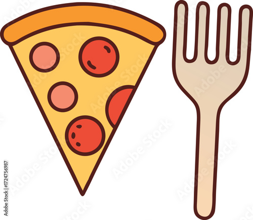 Slice of pepperoni pizza with a fork on a white background utensil