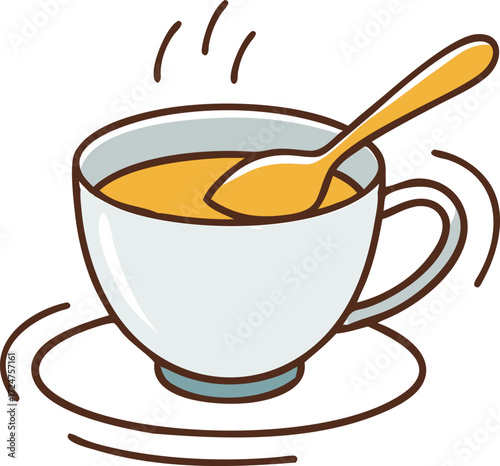 White coffee cup with yellow liquid and golden spoon on a saucer hot drink