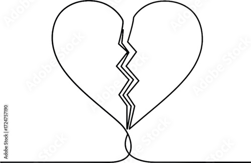 Heart Outline with Crack Minimal One Line Illustration Simple outlined heart split down the middle in continuous line style symbolic of separation or emotional hurt