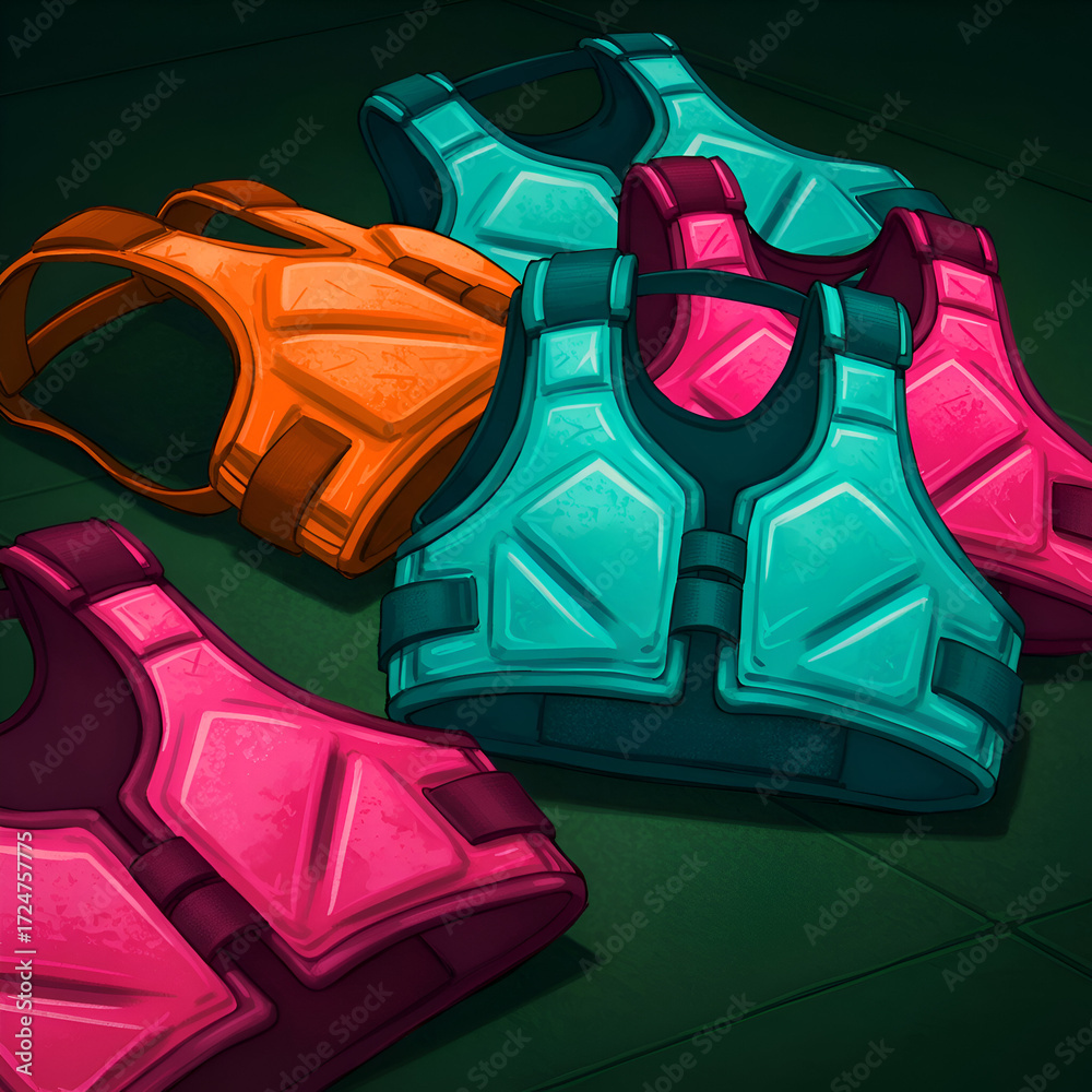 Naklejka premium Colorful protective vests lying on a dark surface. Sport equipment for individuals in various vibrant colors.