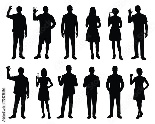 Scalable vector silhouettes of diverse people poses and actions collection for graphic design projects vector