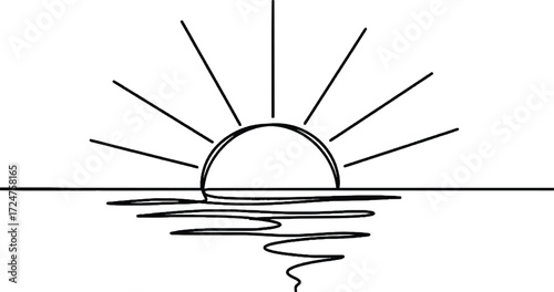 Rising sun minimalist one line illustration Sun rays rising above horizon drawn in one line art symbol of hope new beginning and light