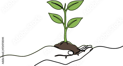 Seedling in hand minimalist one line drawing Small seedling cradled in a hand drawn in continuous line art symbolizing growth nurture and sustainability