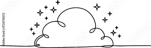 Cloud with sparkles minimalist one line illustration Small cloud with surrounding sparkles drawn in continuous line art representing dreams wonder and imagination