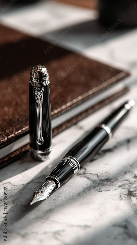 Naklejka premium Close-up of elegant black fountain pen resting on a polished white marble desk beside leather notebook