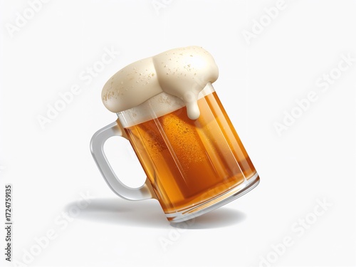 A refreshing glass mug of cold beer with a foamy head, isolated on a white background.