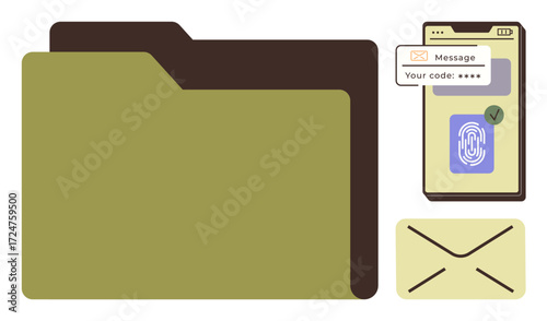 Digital file folder, smartphone with fingerprint and code verification, email envelope. Ideal for cybersecurity, communication, data privacy, file management, authentication, encryption secure