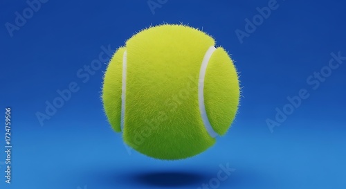 Isolated tennis ball with white stripes on a blue gradient background