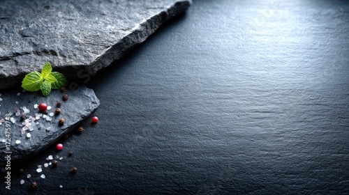 Dark Textured Slate Background with Mint Leaves Red Peppercorns and Salt Crystals Food Photography with Copy Space