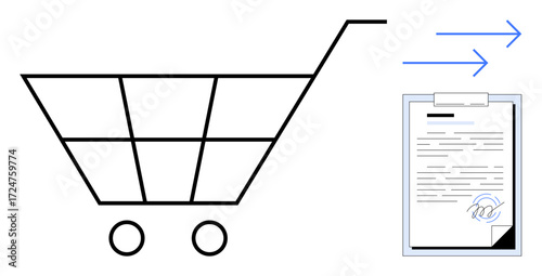 Minimalist cart icon with document, signature, and arrows symbolizing e-commerce, contracts, approvals. Ideal for online shopping, digital transactions, agreements, approvals business retail