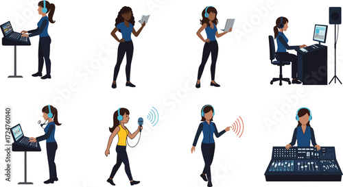 Black and White Silhouettes of Media Professionals Using Headphones and Devices for Audio Production, Broadcasting, and Digital Content Creation