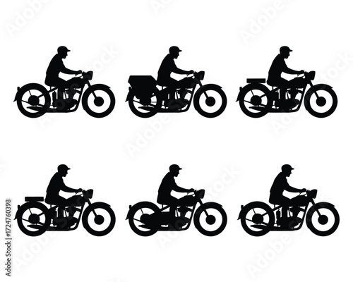 Vintage motorcycle silhouettes set six retro rider illustrations for classic vehicle design projects vector