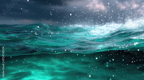 Deep Ocean Underwater Scene with Turquoise Water and Sunlight Splashes Against a Cloudy Sky