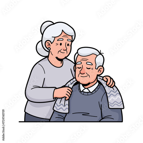 Elderly woman tenderly caring for her husband with a warm shawl, illustrating enduring love and companionship