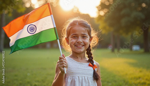  Smiling girl holding Indian flag outdoors at sunset