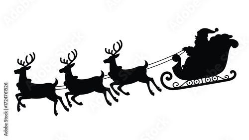 Silhouette vector illustration of santa claus riding a sleigh pulled by reindeer vector