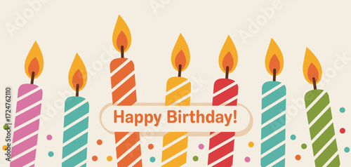 Colorful birthday candles burning with bright flames. Festive celebration illustration with vibrant wax candles in rainbow colors. Party decoration isolated on white background. Vector art design.