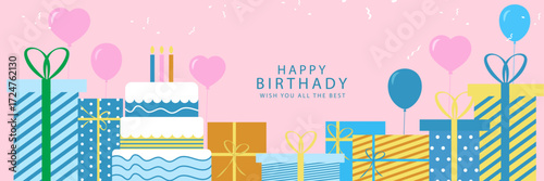 Happy Birthday card with cake, candle, cone hat, gifts, Set of  Birthday greeting card, invitation card, poster, cover, vector illustration with colorful birthday cake, confetti in minimalist style.