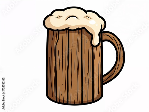 A cartoon illustration of a wooden beer tankard with foam, isolated on a white background.