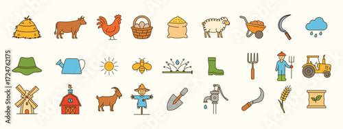Farm And Agriculture Icon Set. Haystack, Cow, Tractor, Barn, Farming Tools, Animals, and Nature.