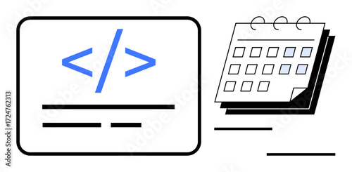 Blue coding tag on a screen next to a calendar with overlapping pages. Ideal for software development, project management, planning, coding efficiency, team collaboration, scheduling, productivity