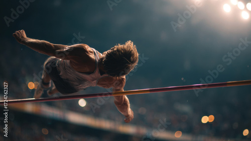 Athlete leaping over high jump bar in competitive stadium with dramatic lighting and cheering crowd capturing intense moment of athletic performance.