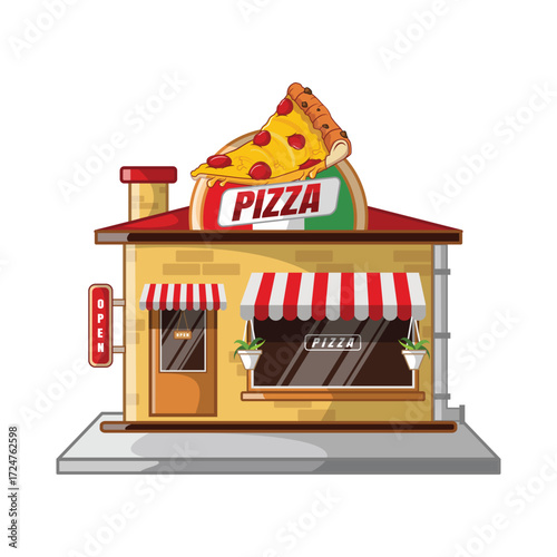 Pizza Restaurant Storefront with Large Slice Sign Flat Vector Illustration