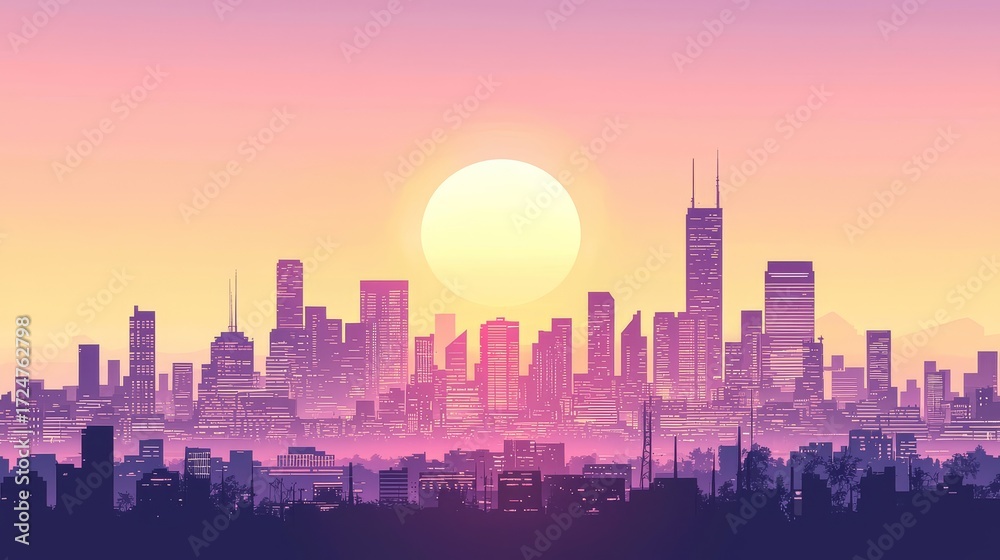 Fototapeta premium A Digital Masterpiece of a Sunset Cityscape