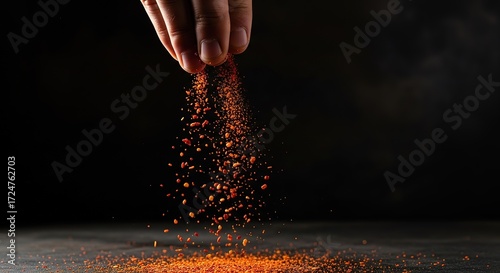 Fototapeta Naklejka Na Ścianę i Meble -  Stunning close up of vibrant red chili pepper flakes falling from a hand onto a dark surface, adding spice and flavor to culinary creations