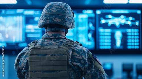 Medium shot of soldier monitoring digital display connected to Anti-Drone detection network.