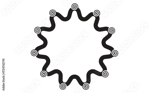 Circular wave-like frame adorned with repeating spirals, evoking an ancient or tribal aesthetic.
