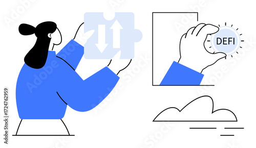 Woman aligning puzzle piece with growth arrows symbol, and hand grasping DEFI coin highlighting innovation, collaboration, finance, problem-solving, technology, strategy, and blockchain simple flat