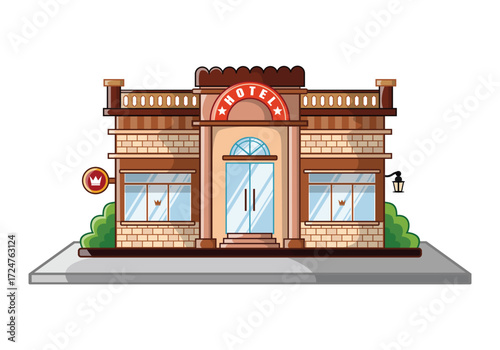 Classic Hotel Building Exterior with Windows Entrance and Sign Flat Vector Illustration