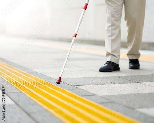 Blind person walking with a white cane on tactile paving