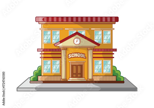 Modern School Building Exterior with Windows and Entrance Vector Illustration